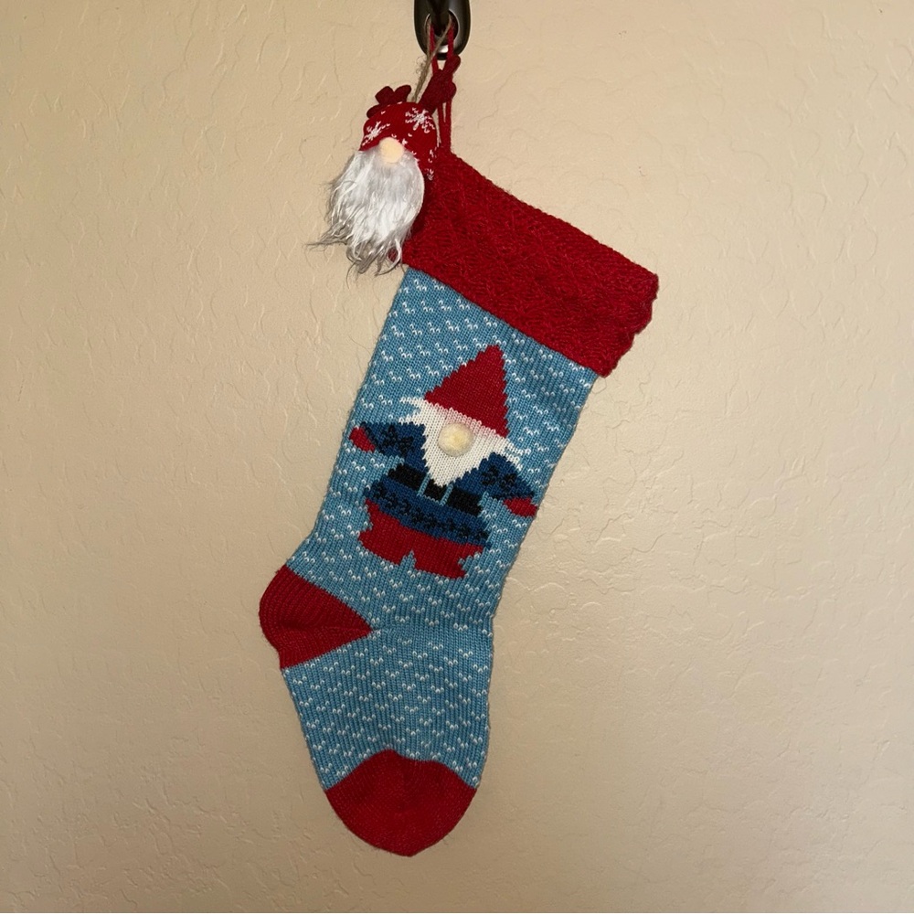 World Market Blue & Red Gnome Knit Christmas Stocking & Holiday Ornament